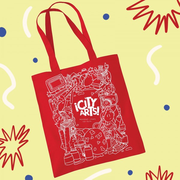 Red ¡CityArts! Tote Bag with white image printed on top. Image includes children and art materials with central text that reads, "CityArts for Youth"