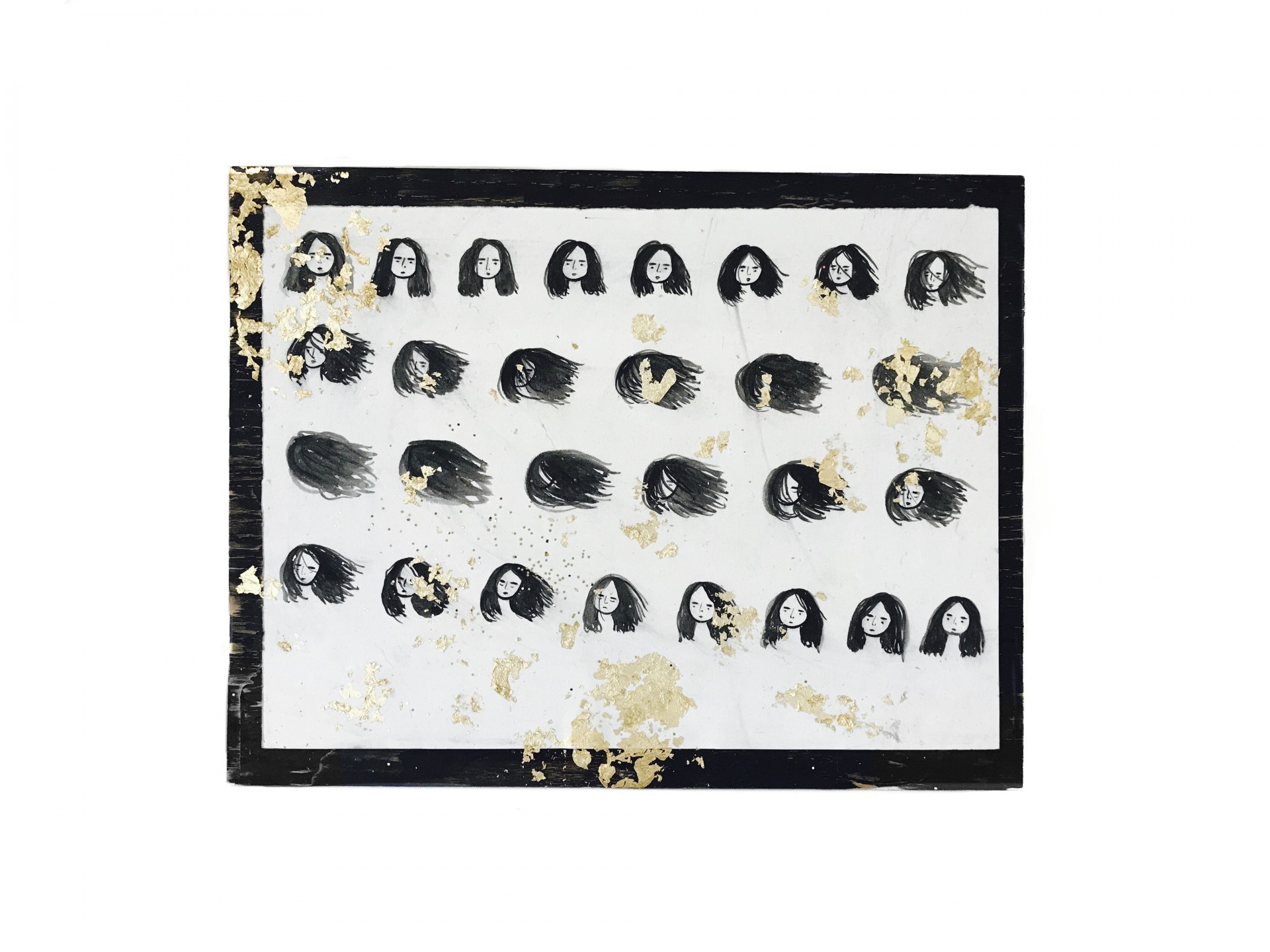 Rectangular painting with black border. Narrative of a girl's hair blowing in wind illustrated through a grid of faces. Pieces of gold foil collaged on top. 