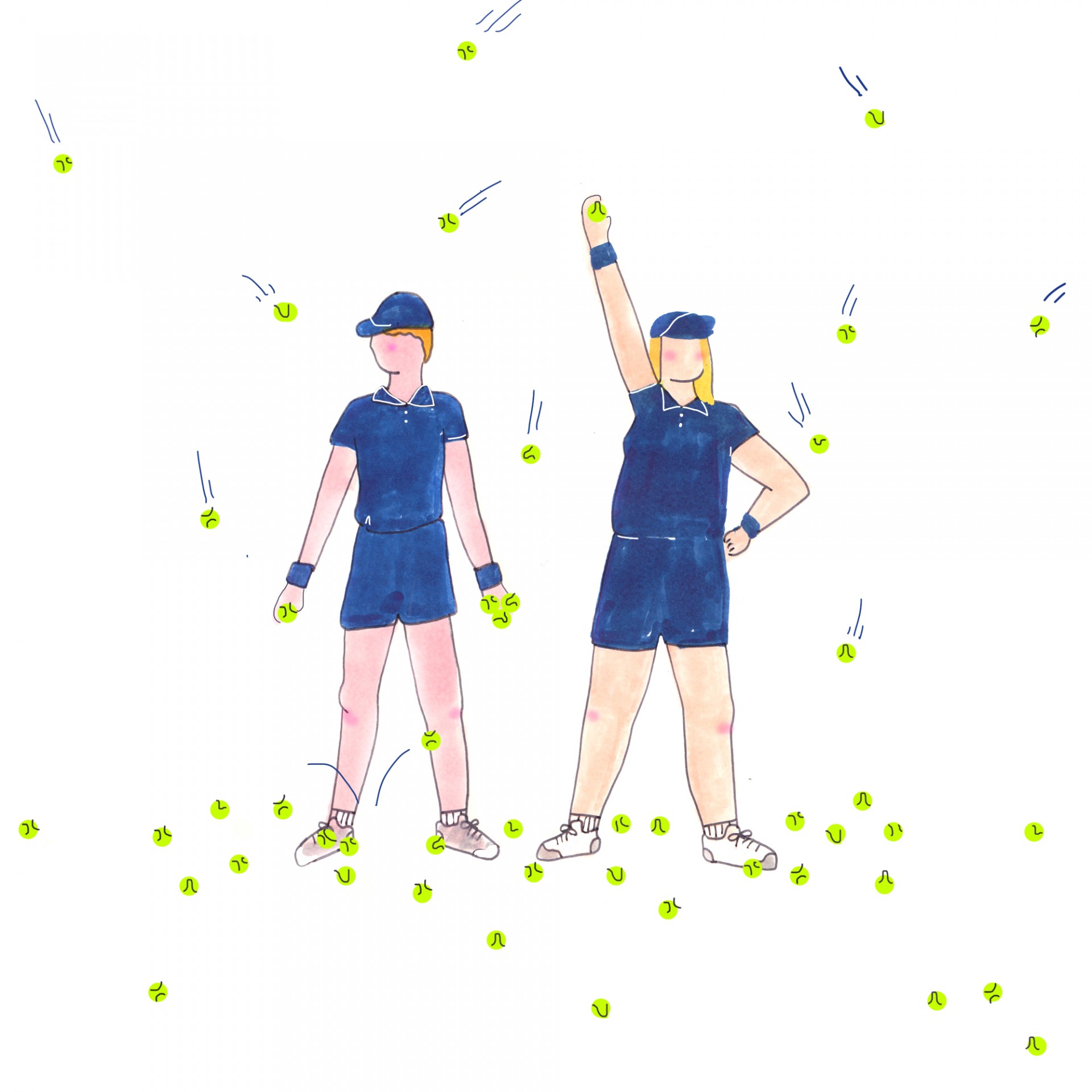 Two characters standing side by side with an abundance of tennis balls at their feet and surrounding their bodies. 