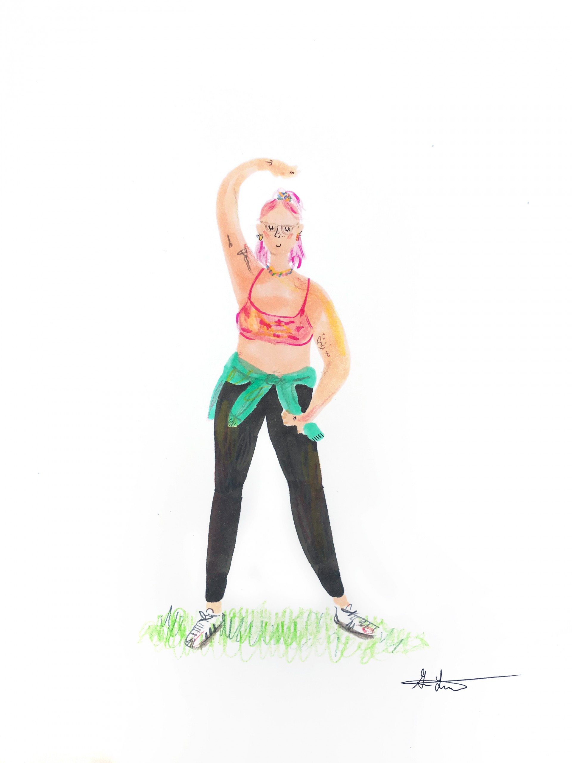 Full body portrait of girl with pink hair, black leggings, pink sports bra and accessories. One arm is curved above head and the other is curved in by waist. 