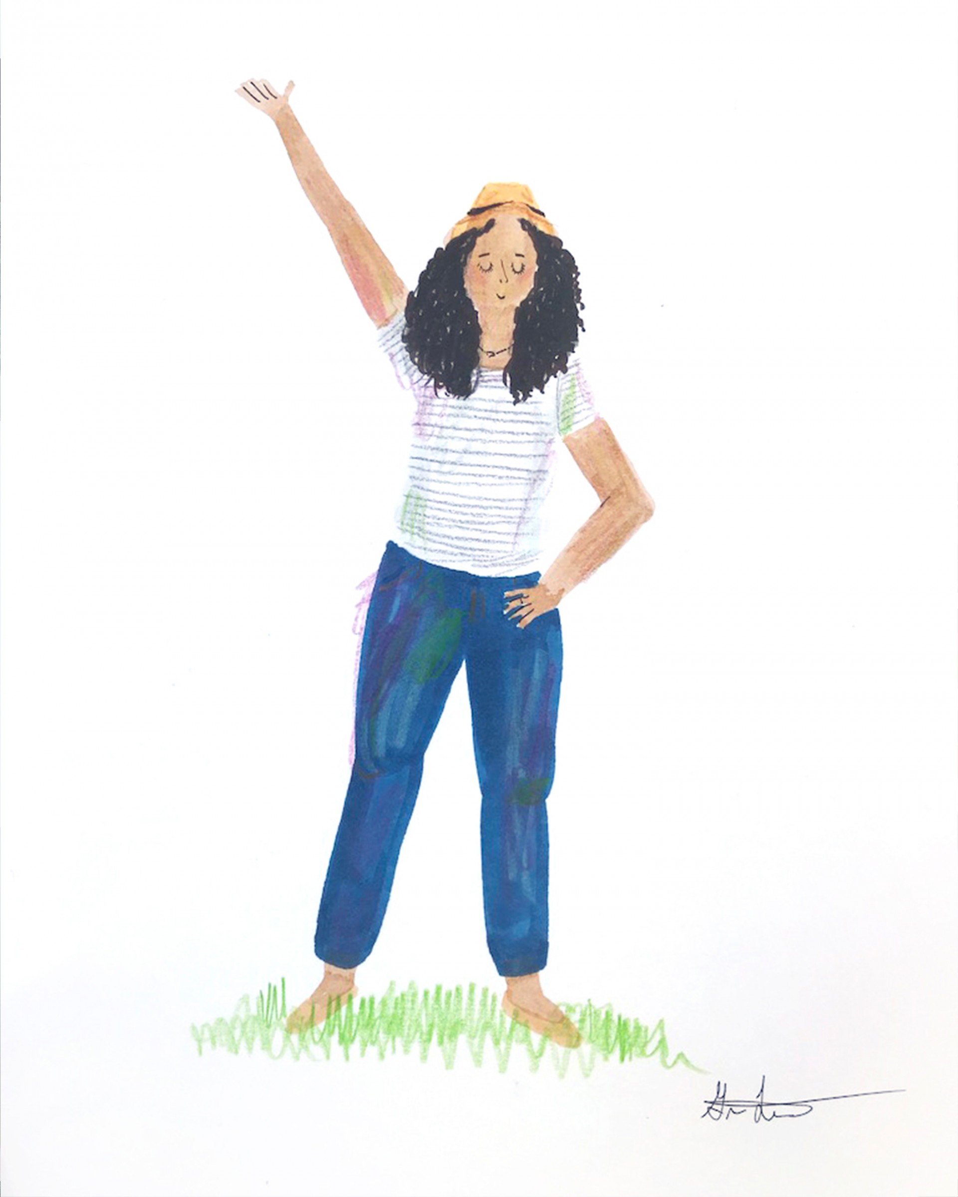 Full body drawing of girl with dark jeans, striped shirt and straw hat. One hand is above head and the other is on her waist. 