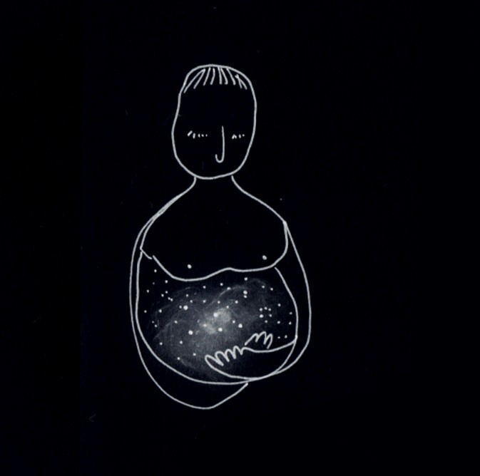 Figure with starry stomach with arms crossed underneath stomach. 