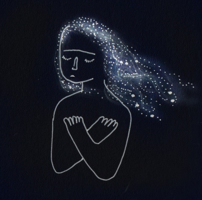 Figure with starry hair with arms crossed in front of chest. 
