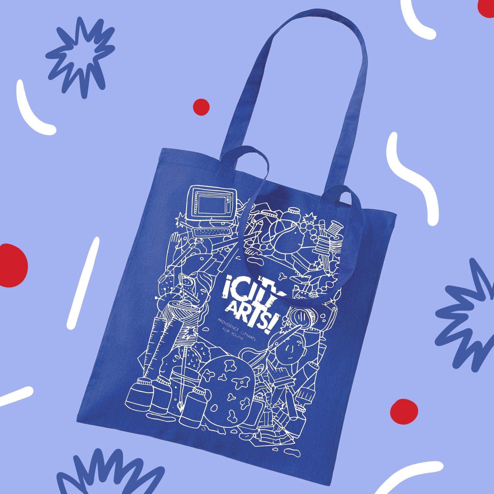 Blue ¡CityArts! Tote Bag with white image printed on top. Image includes children and art materials with central text that reads, "CityArts for Youth"