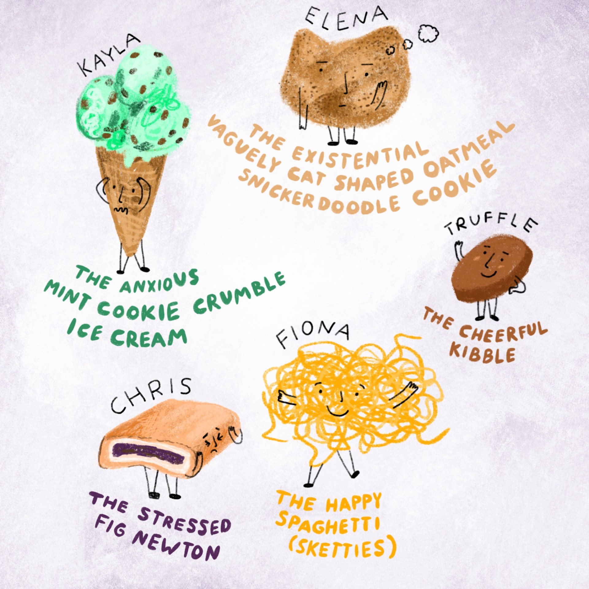 An assortment of drawings of emotional foods. Each drawing has a name and a description written underneath. Purple background and illustrations are drawn in color