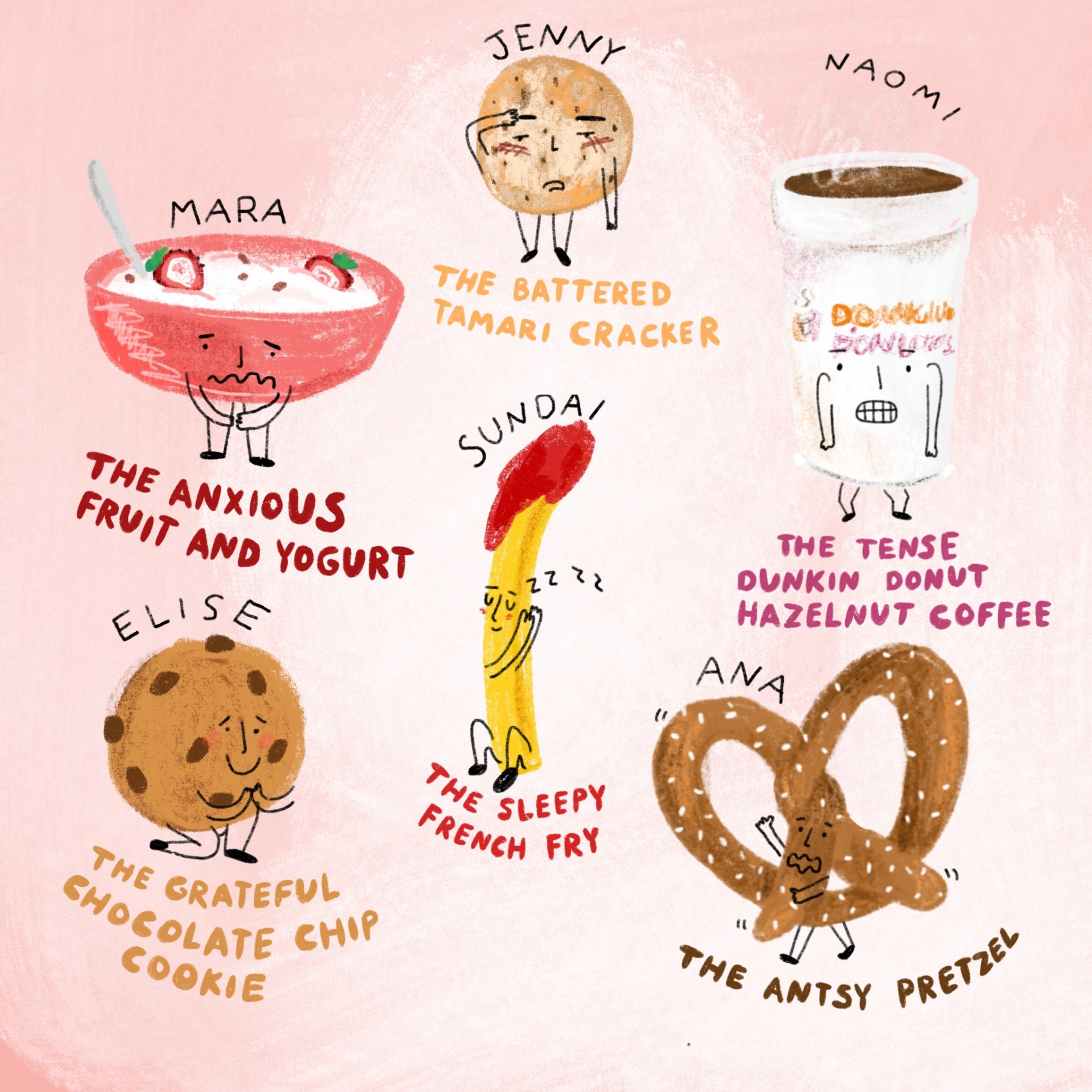 An assortment of drawings of emotional foods. Each drawing has a name and a description written underneath. Pink background and illustrations are drawn in color